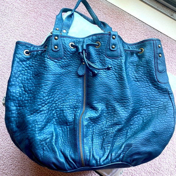 Nordstrom’s all weather sturdy leather, teal colored extra large tote handbag. - Picture 2 of 11